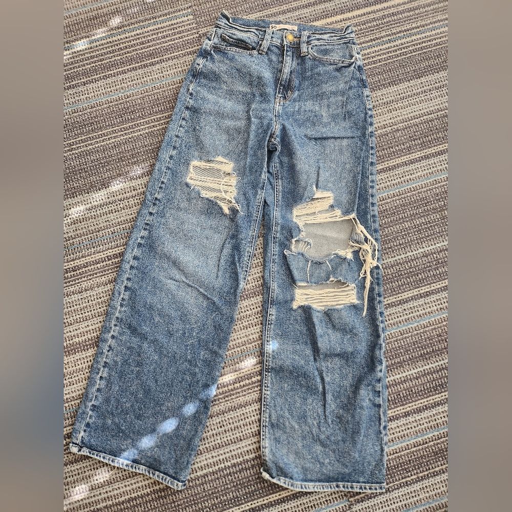 SO Women's High Rise Distressed Blue Jeans